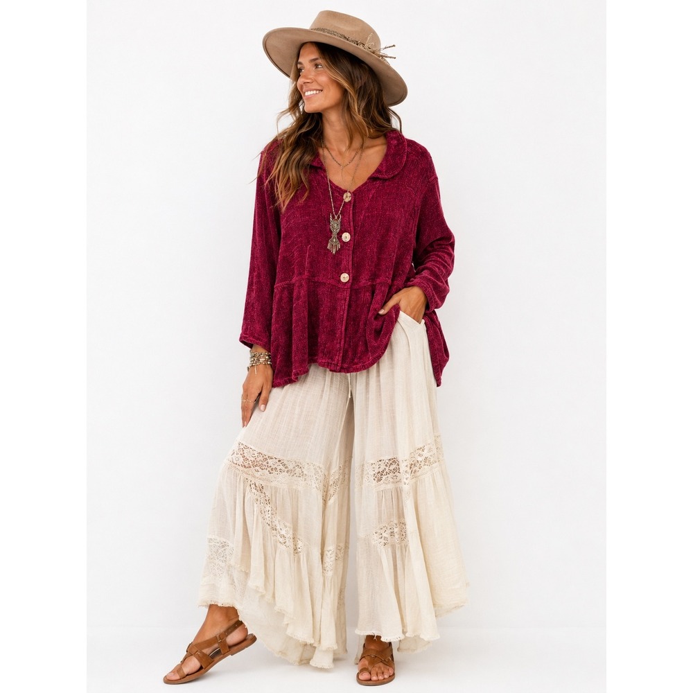 Kleen Top Large Burgundy Chenille Boho Button Front Peplum Pockets Artsy‎